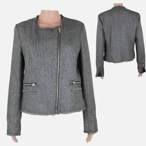 MNG Mango Gray Metallic Tweed Moto Asymmetrical Zip Fringe Blazer Jacket Size S